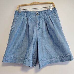 Vintage Liz Wear Blue Chambray Denim Pleated 100% Cotton High Rise Shorts